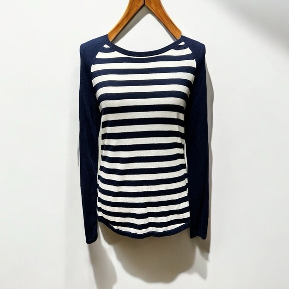 🌻Michael Kors Blue & White Stripe Hi-Low Hem Long Sleeve Back Zip Top Size M - Picture 1 of 8